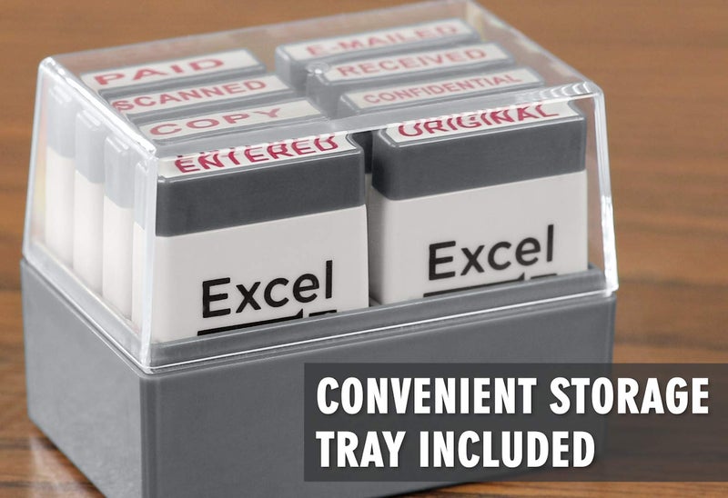 ExcelMark Mini Office Message Rubber Stamp Set - Red Ink - Storage Tray Included - Image 2